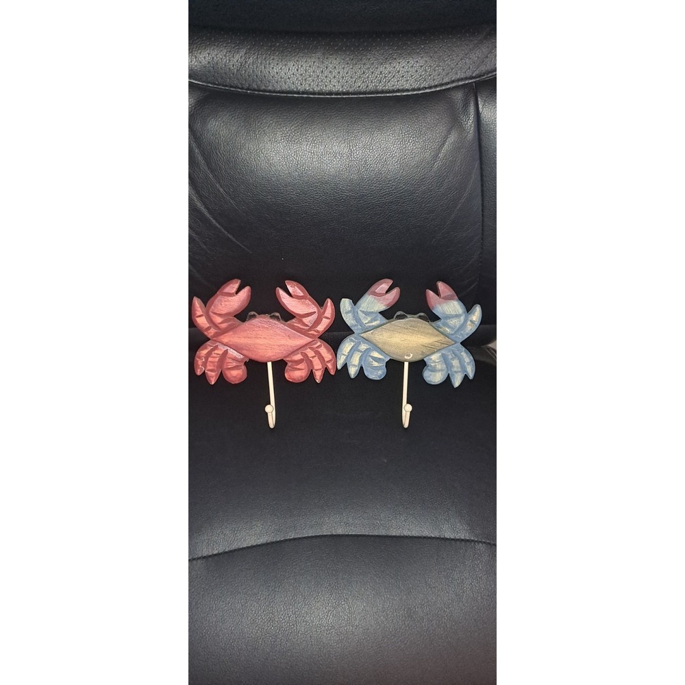 Red Steamed Crab & Blue Wooden Crab Wall Hooks Set of 2